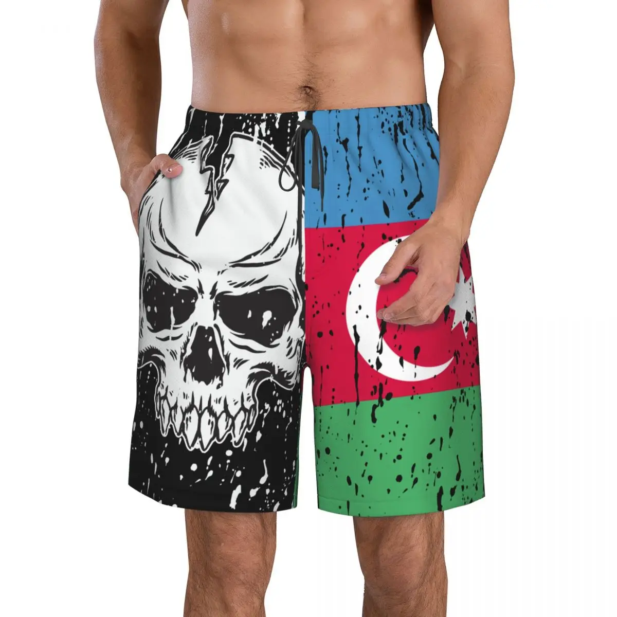 Azerbaijan Flag Vintage Skull Men's Novelty Swimtrunks Quick Dry 3D Printed Mesh Lining Beach Board Shorts with Pockets