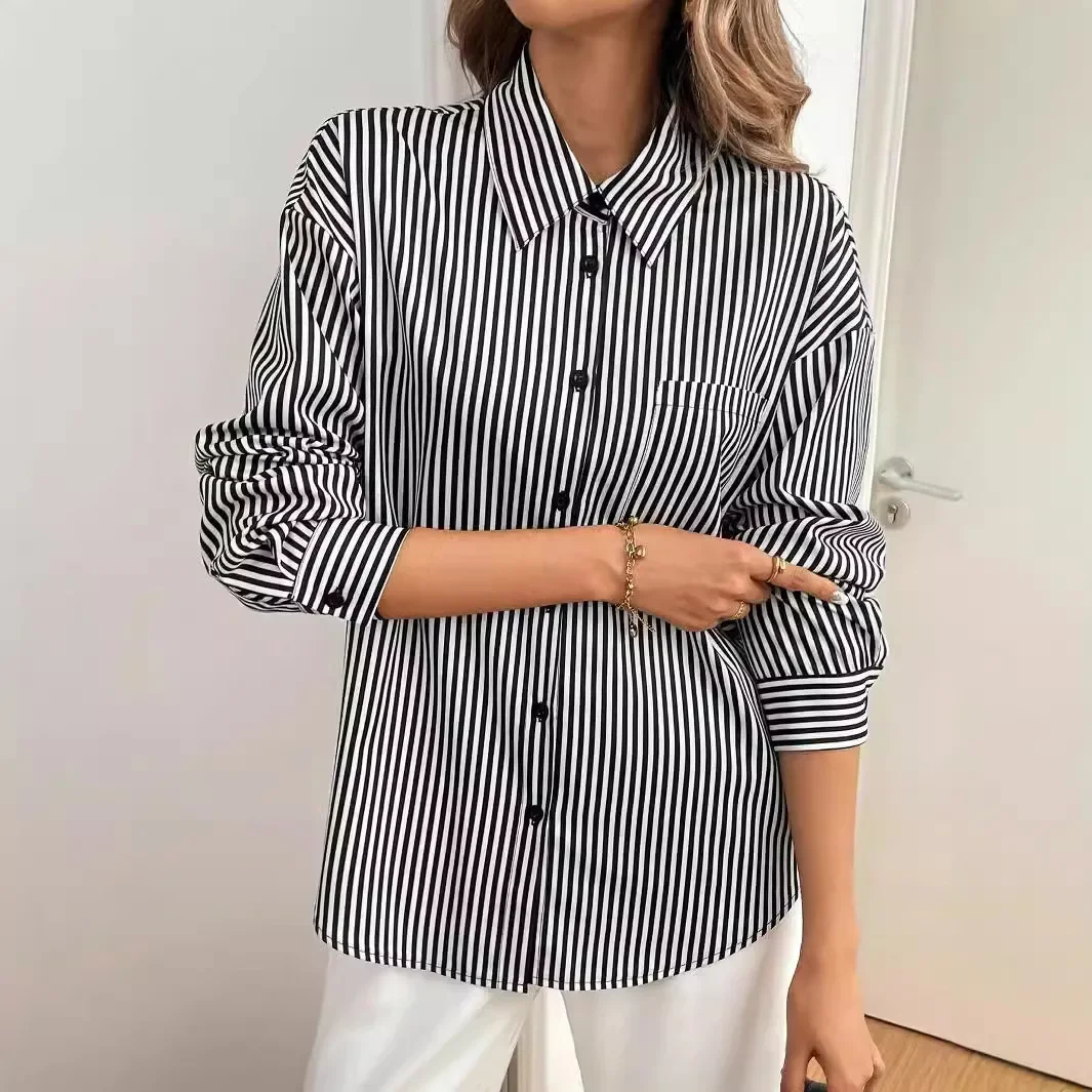 

Elegant Women Tops Streetwear 2024 Autumn/Winter New Blouses Striped Printed Back Bow Front Button Long Sleeve Shirt for Female