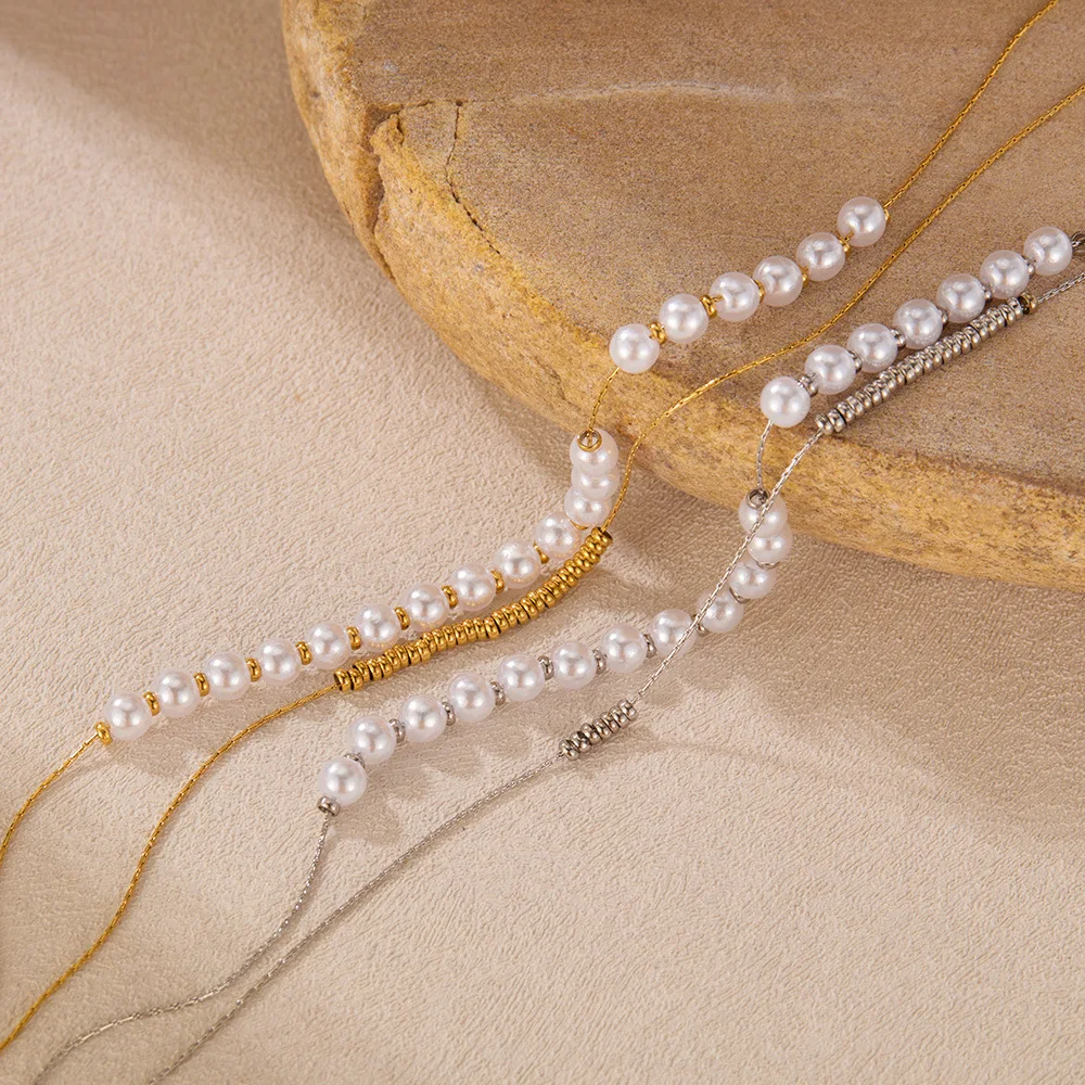 Doppelschichtige Perlenketten aus Edelstahl für Damen, frische, süße Schlüsselbeinkette, modischer, vielseitiger Schmuck – Detail 7