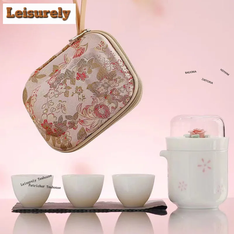 HOYIHM Mutton Fat Jade Pinch Flower Travel Tea Set Kit Zen 1 Pot 3 Cups Tea Brewing Organizer Portable Camping Handbag Ornaments