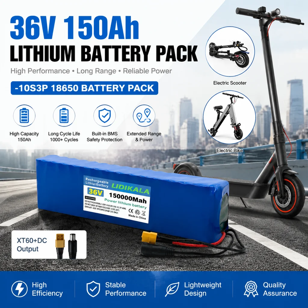 36V 10S3P Lithium-Ionen-Akkupack, 150000mAh wiederaufladbarer Ersatzakku mit BMS-Schutz, Bullet-SM-Anschluss für Elektroroller, E-Bike, Hoverboard, Elektrorollstuhl, Solarenergiespeicher