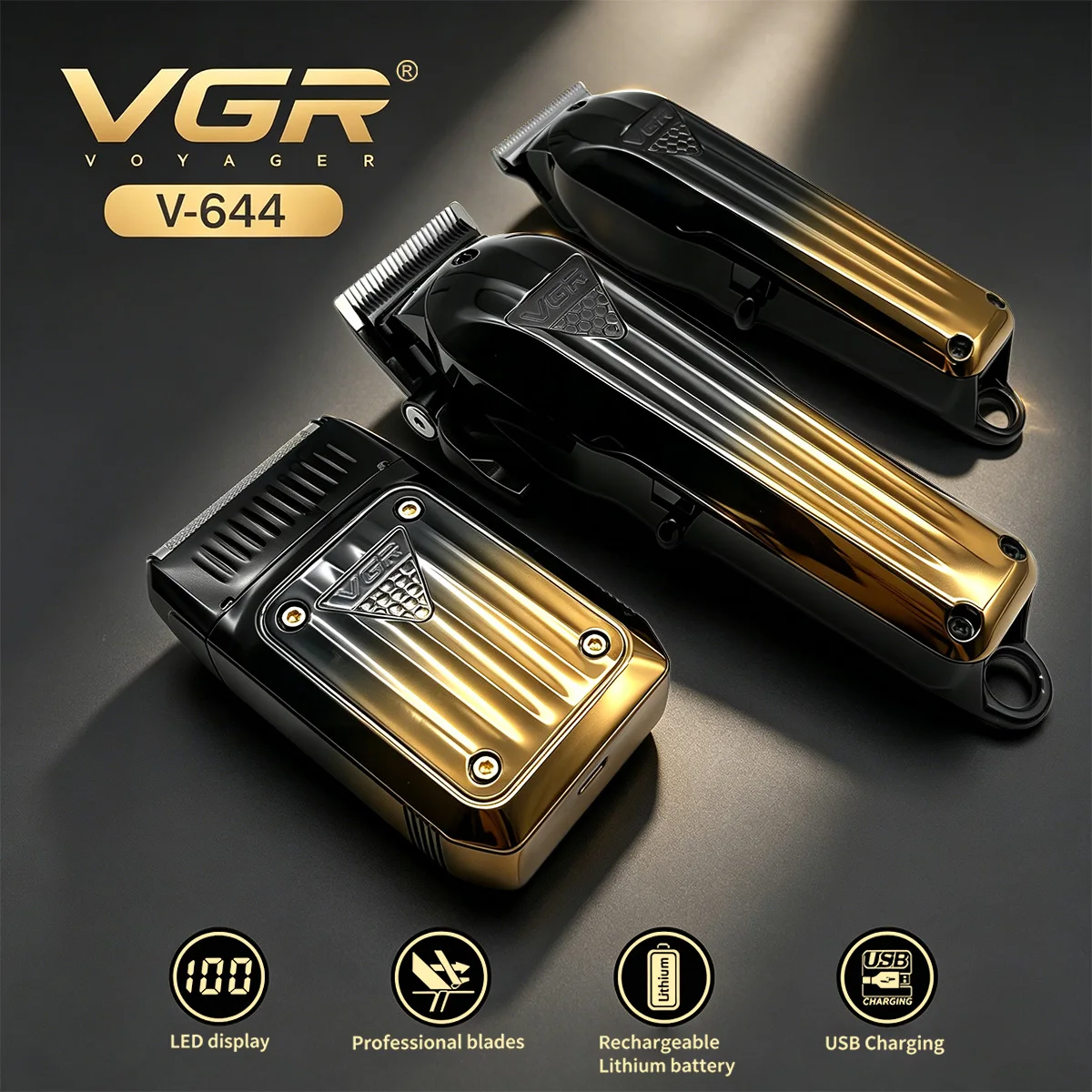 VGR Haarschneider Wiederaufladbar Elektrisch Rasierer Verstellbar Haarschneidemaschine Barttrimmer LED-Licht Trimmer für Männer V-644