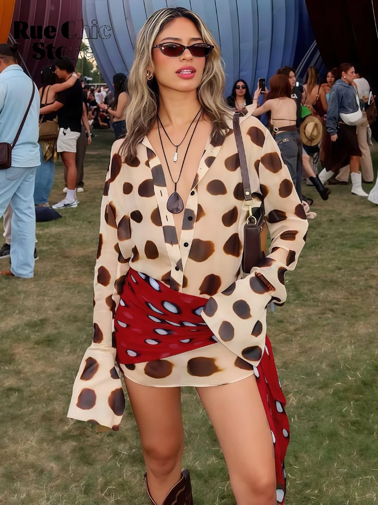 Print V-neck Lace Up Casual Dress Women Chic Thin Mesh Polka Dot Flared Sleeves Patchwork Slim Fit Dresses Lady Daily Vestidos
