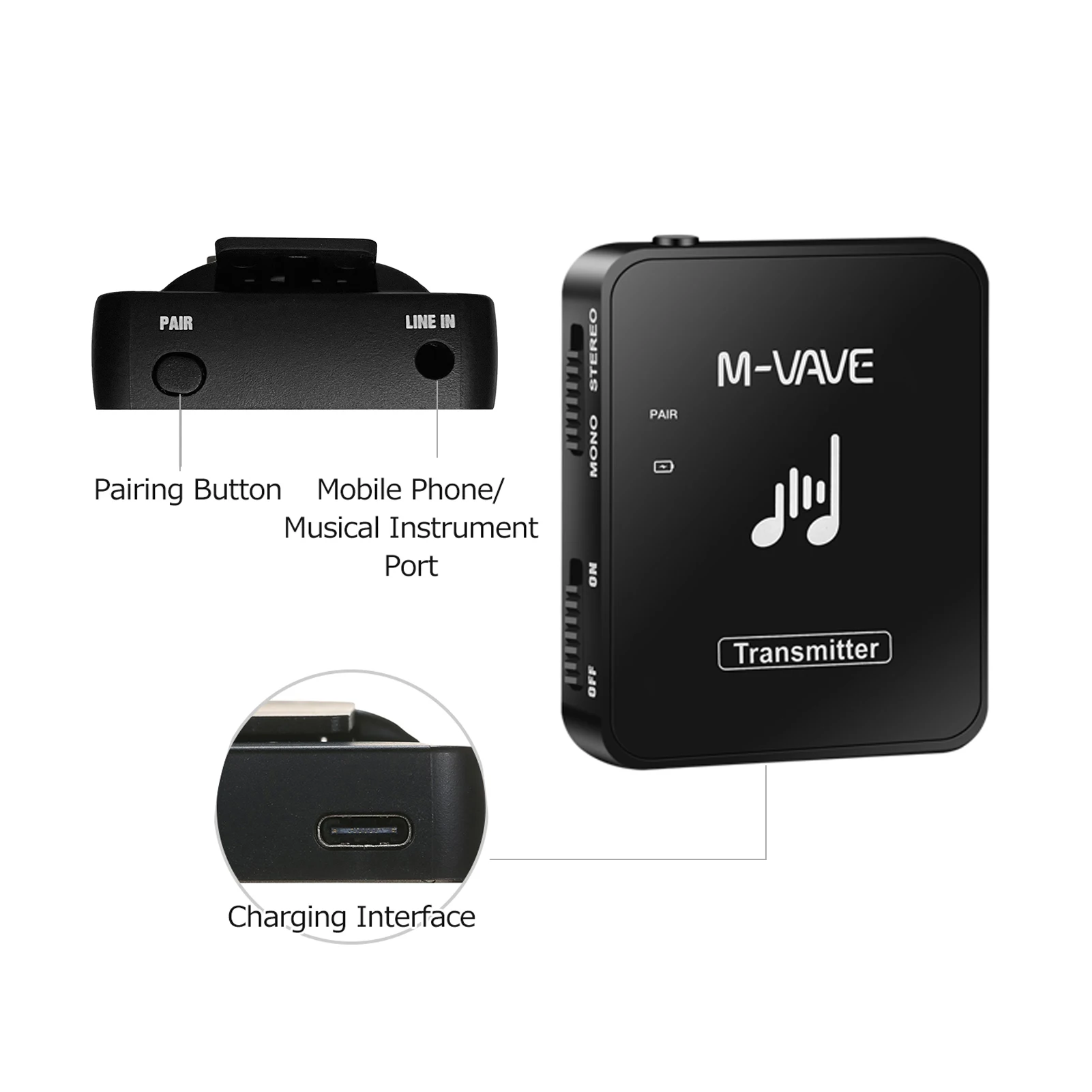 M-VAVE WP-10 2.4GHz Wireless Earphone Monitor System Rechargeable Transmitter Receiver Support Stereo Mono Recording Function