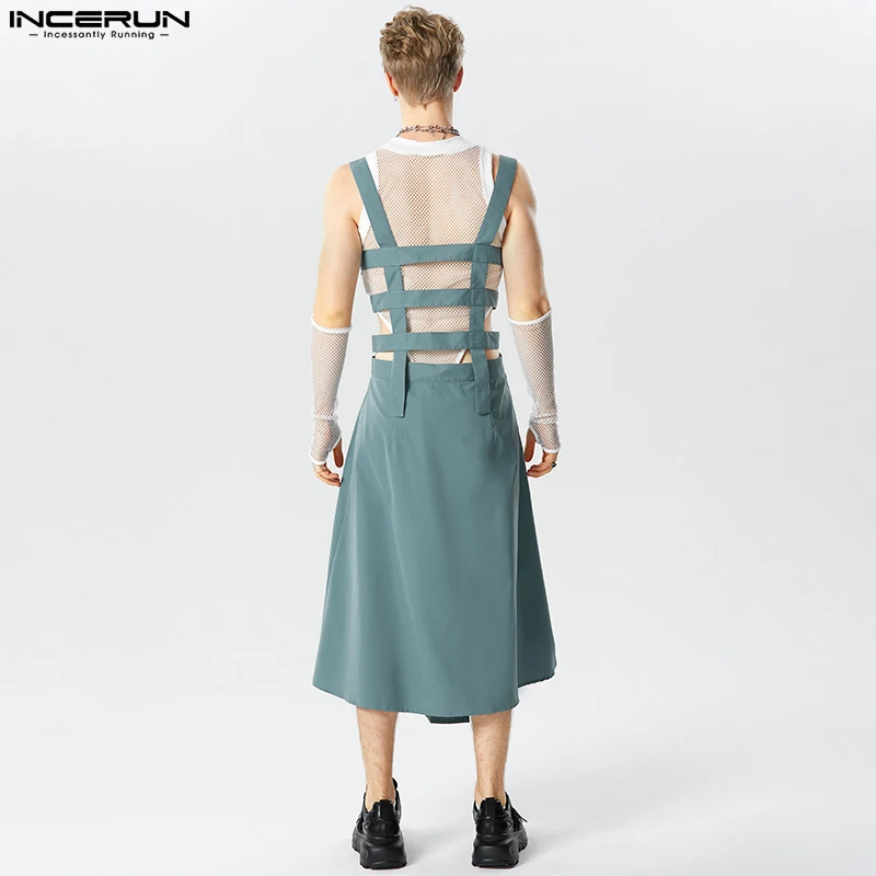 Casual Fashion Style Bodysuit INCERUN Men Pleated Design Skirts Pants Male Irregular Hem Solid Straps Half Skirt Jumpsuits S-5XL