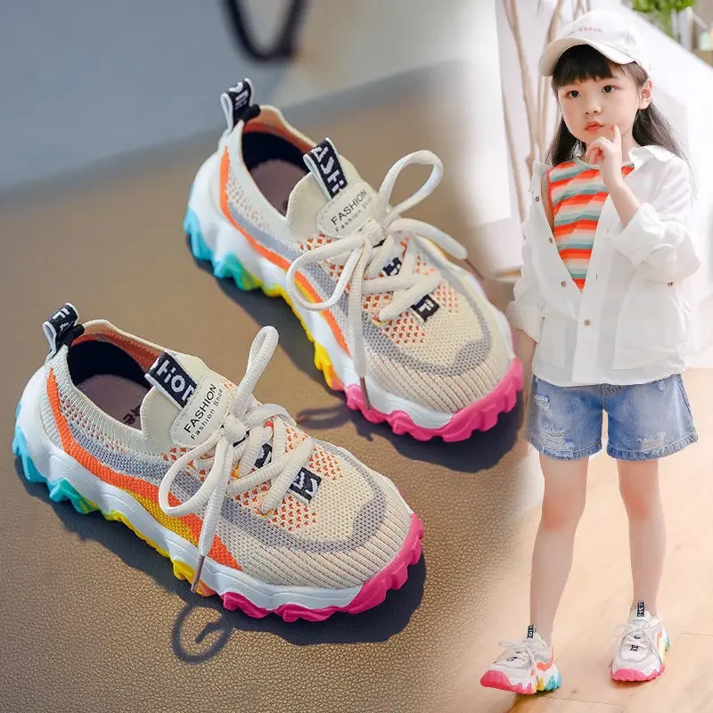 Girl's Casual Sports Shoes Weaving Air Mesh Outdoor Light Running Sneakers Fashion Rainbow Sole Retro Old Dady Shoes Kid 26-37