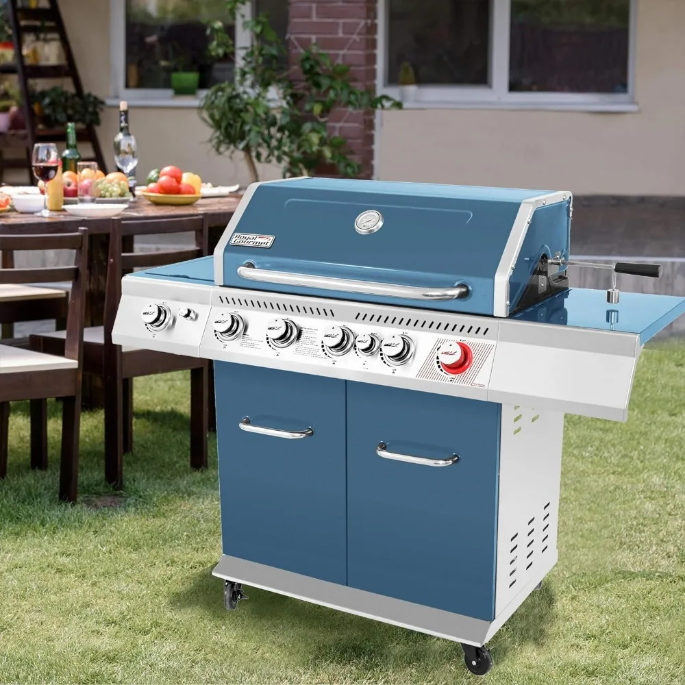 74 Bbq Grill Outdoor Equipment GA5403B 5-Burner BBQ Cabinet Style Propane Gas Grill With Rotisserie Kit Kerosene Stove Blue Igt