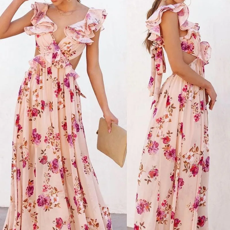 A Women Elegant V Neck Boho Dress Spring Flower Print Long Party Summer Sleeveles Beach Dresses