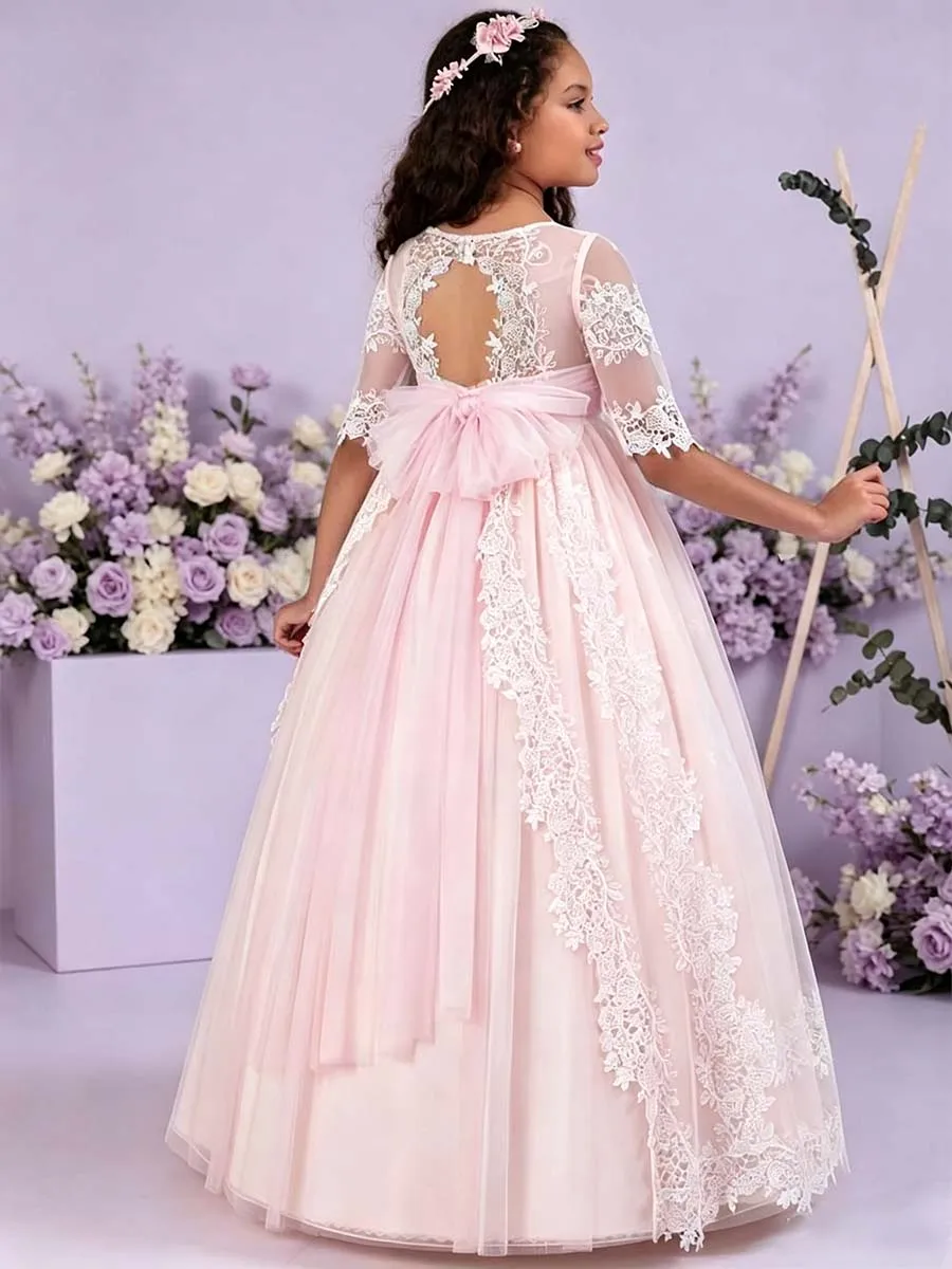 Vintage Lace First Communion Dress Half Sleeves Keyhole Back Princess Flower Girl Dress with Sash/Ribbon Kids Custom Party Gown