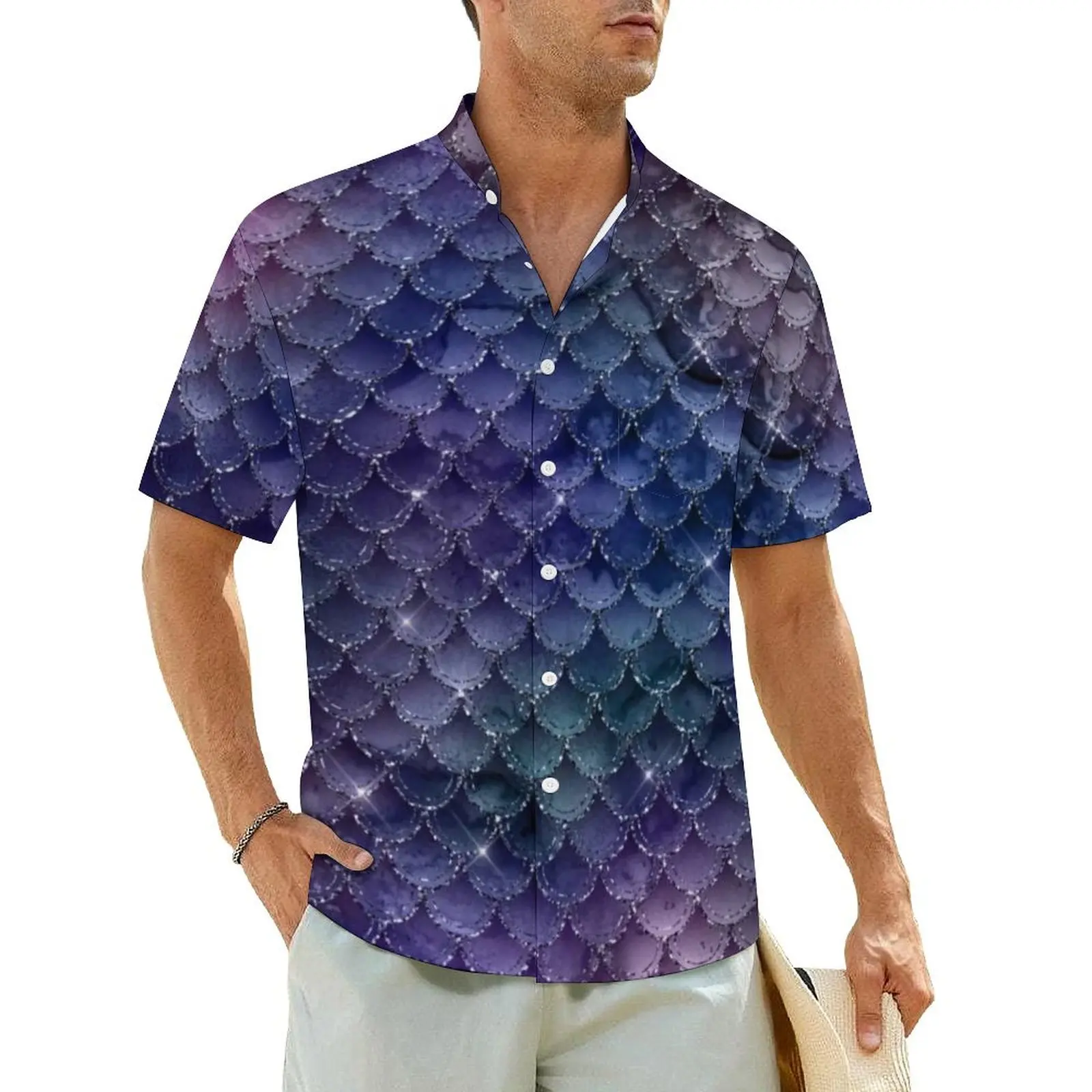 Glitter Mermaid Scales Beach Shirt Violet Indigo Hawaiian Casual Shirts Men Retro Blouses Short Sleeve Korean Fashion Design Top