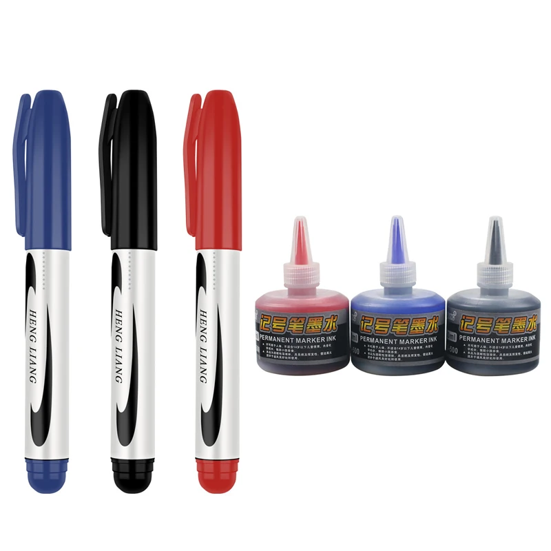 Rotulador aceitoso permanente impermeable con juego de tinta, marcador de arte negro/rojo/azul, punta de 2,5mm, Punta cruda, papelería escolar y de oficina para estudiantes