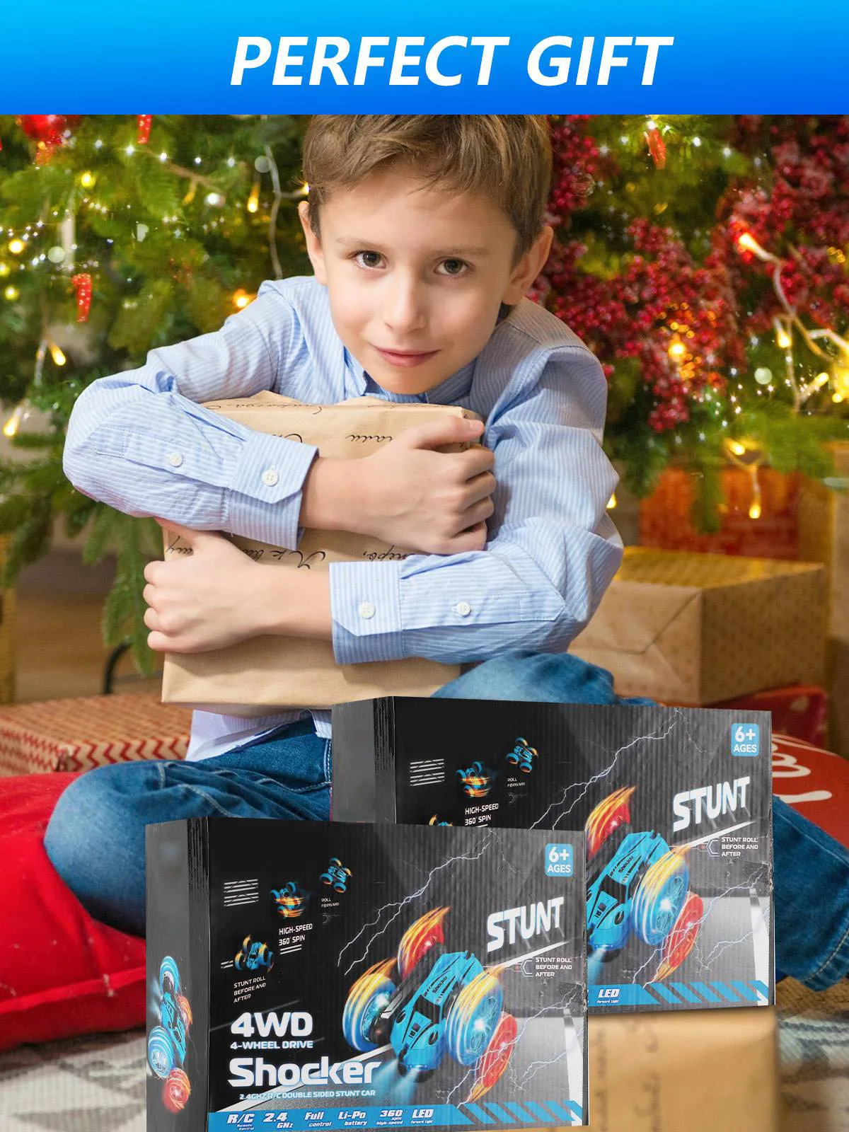 2.4G Double Sided RC Stunt Car 360 Degree Flip Rotating Remote Control Car with Light 2 Rechargeable Batteries Blue