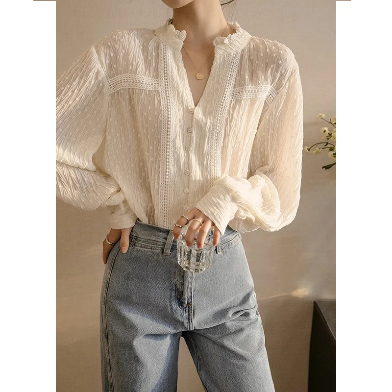 

Women's Lace Shirts Blouses Y2k Vintage Aesthetic Harajuku 2000s Elegant Fashion Solid Color Long Sleeve Shirt Top Clothes 2025