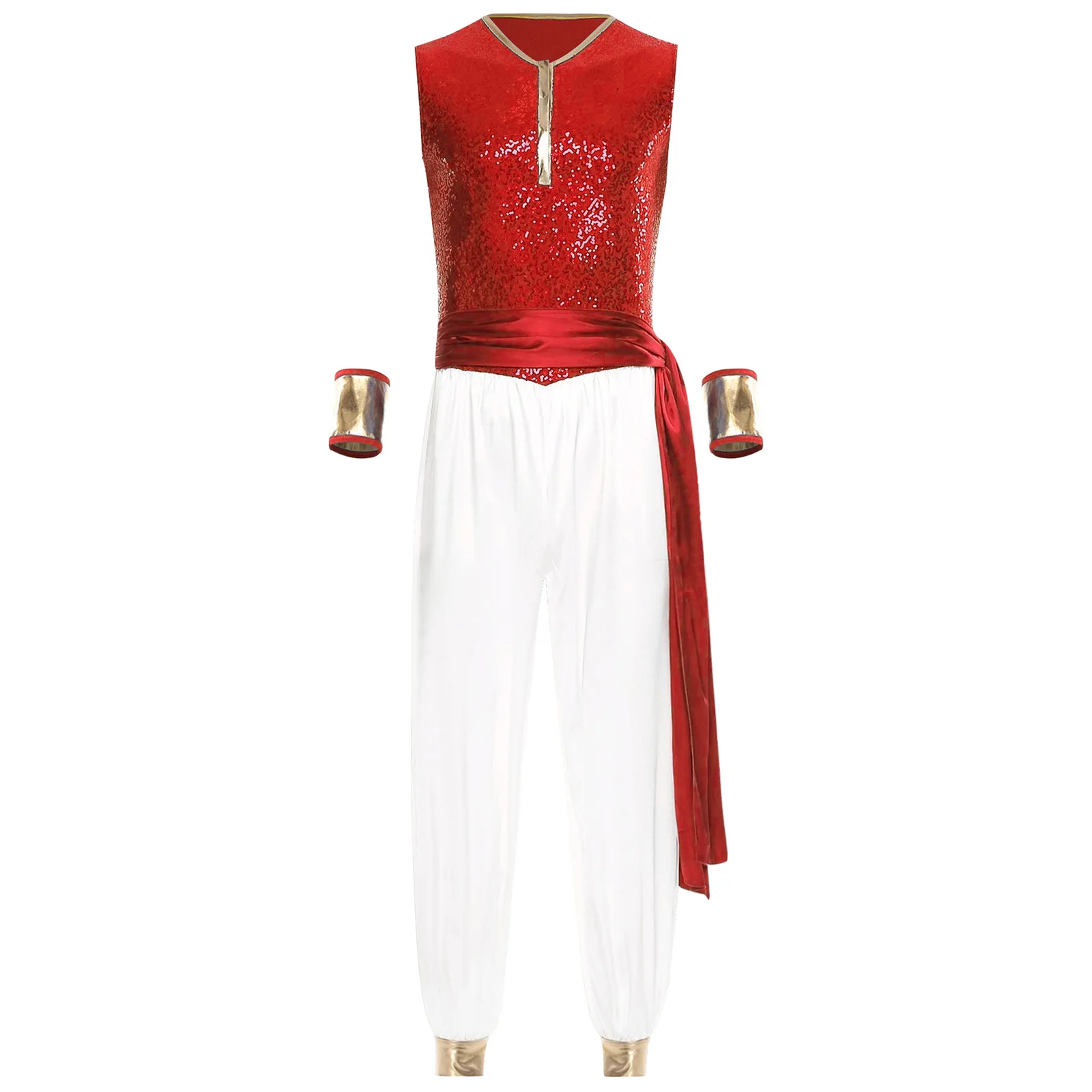

Mens Arabian Prince Cosplay Dress Up Outfits Arab Prince Rompers Sequin Bodice Satiny Pants Jumpsuit with Waist Belt And Sleeves