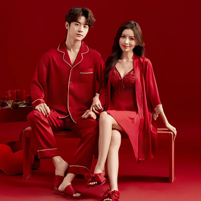 

2 Pieces Women's Sexy Lace V-Neck Robe Nightdress Casual Loungewear Men Shirt Pants Sleepwear Couple Home Clothes