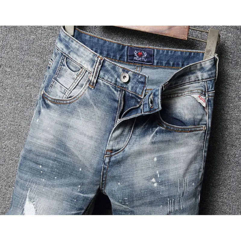 Fashion Designer Men Jeans High Quality Retro Light Blue Patched Ripped Jeans Men Elastic Stretch Vintage Denim Pants Hombre