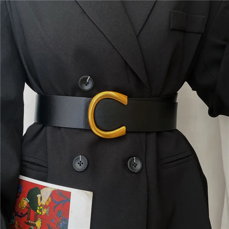 New Design Wide Belts Soft Faux Leather Black Brown Waist Strap Woman Vintage Alloy Big Buckle Waistbands For Dress Coat Women