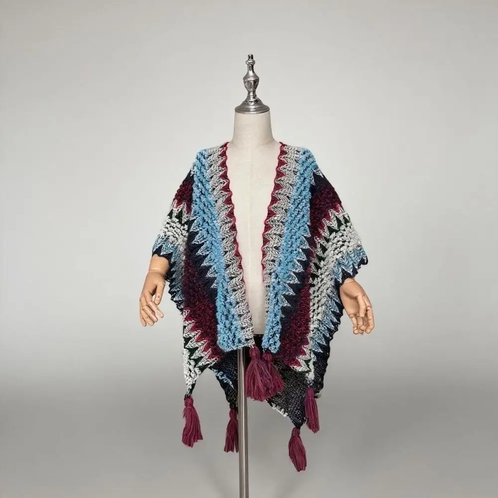 أزياء الشتاء الدافئة 'المعطف المنغولي العرقية نمط الصوف الاصطناعي الحياكة يلتف مخطط سترة شرابة شال ل