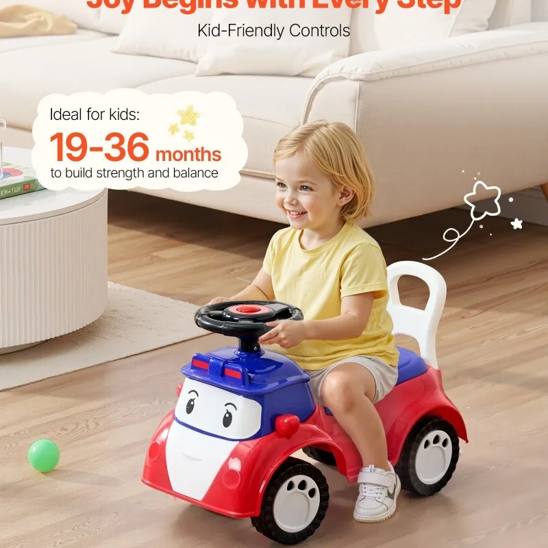 幼児用乗用玩具、プッシュカー、音楽収納、耐荷重55ポンド、足踏み式歩行器、安全で丈夫な子供用おもちゃの車、赤、男の子と女の子向け