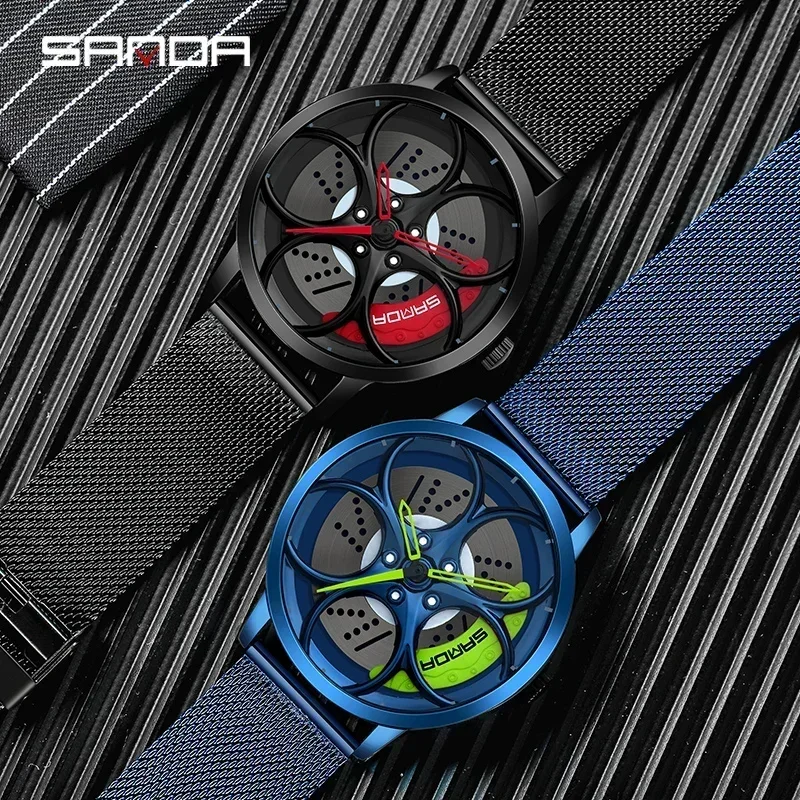 SANDA P1070 Top Brand New Modello Auto Wheel Rim Hub Orologi da uomo Super Orologio da polso al quarzo in acciaio inossidabile Relogio Masculino