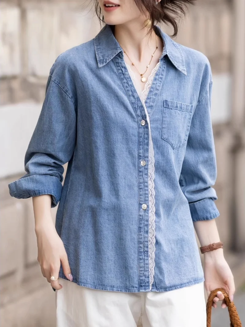 

Korean Loose Denim Shirt For Women In Spring And Autumn 2025 Fashionable Design Patchwork Lace Top Casual Jacket W671