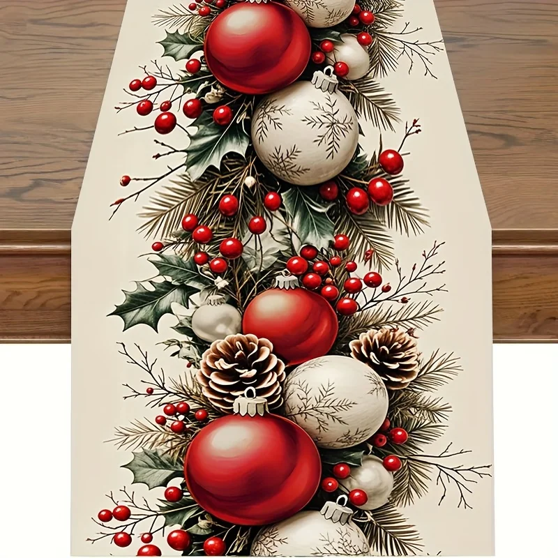 1 Stück Weihnachtskugeln Tannenzapfen Rote Beere Polyester Tischläufer Tuch für Winter Weihnachten Botanische Tischläufer Weihnachtsdekorationen
