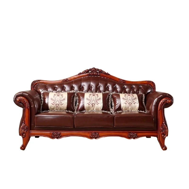 

European leather sofa combination small apartment living room 123 fully equipped with solid wood retro oil wax cowhide simple