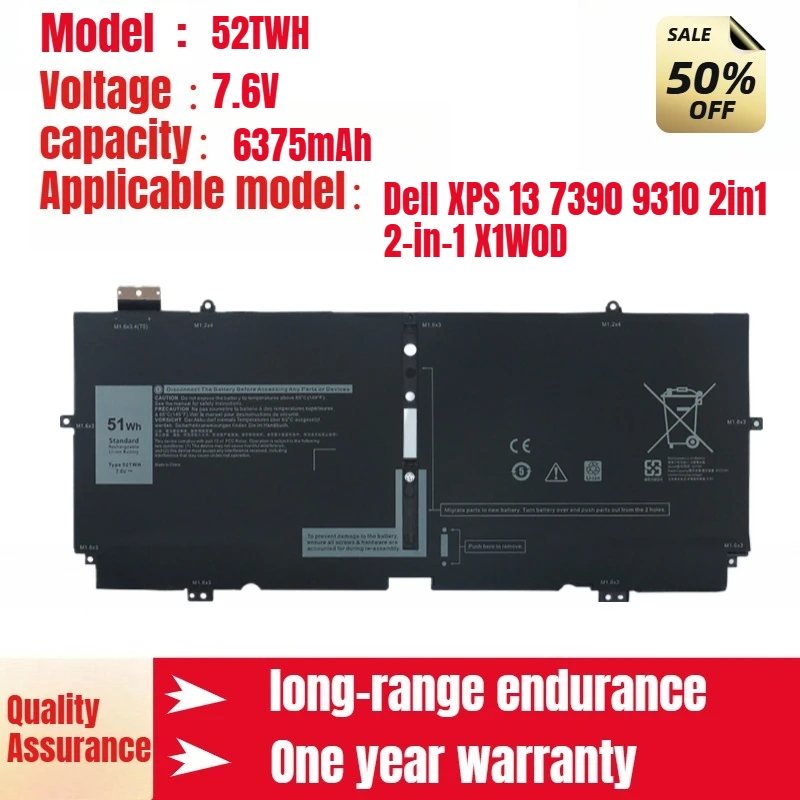

Applicable to Dell XPS 13 7390 9310 2in1 2-in-1 X1W0D Laptop Battery 52TWH 6375mAh 7.6V