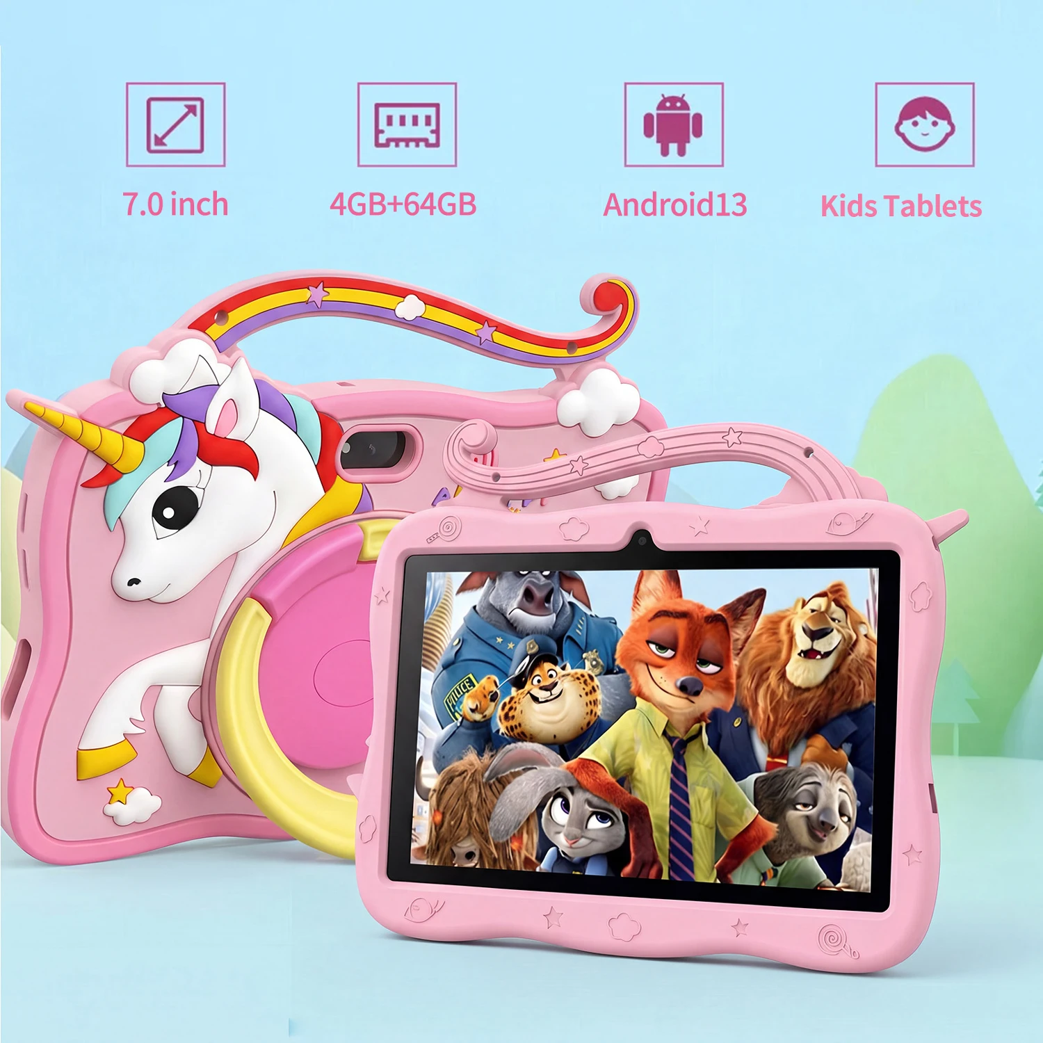 7 Inch Cartoon Pattern Kids Tablets Google Learning Educational Software Installed With Protective Case 4GB+64GB Android System