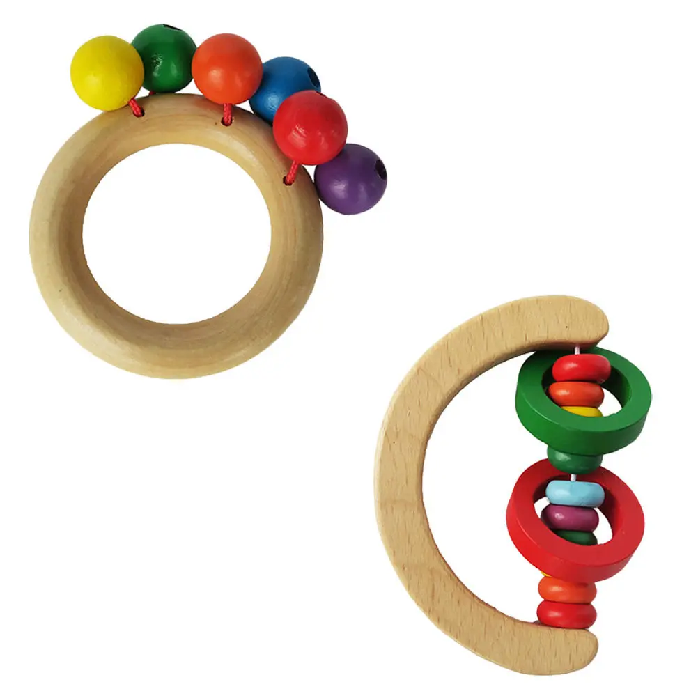 2Pcs Wooden Rattle Plaything Baby Handbell Early Educational Development Gift Baby Hand Rattle Wood Handbell Plaything