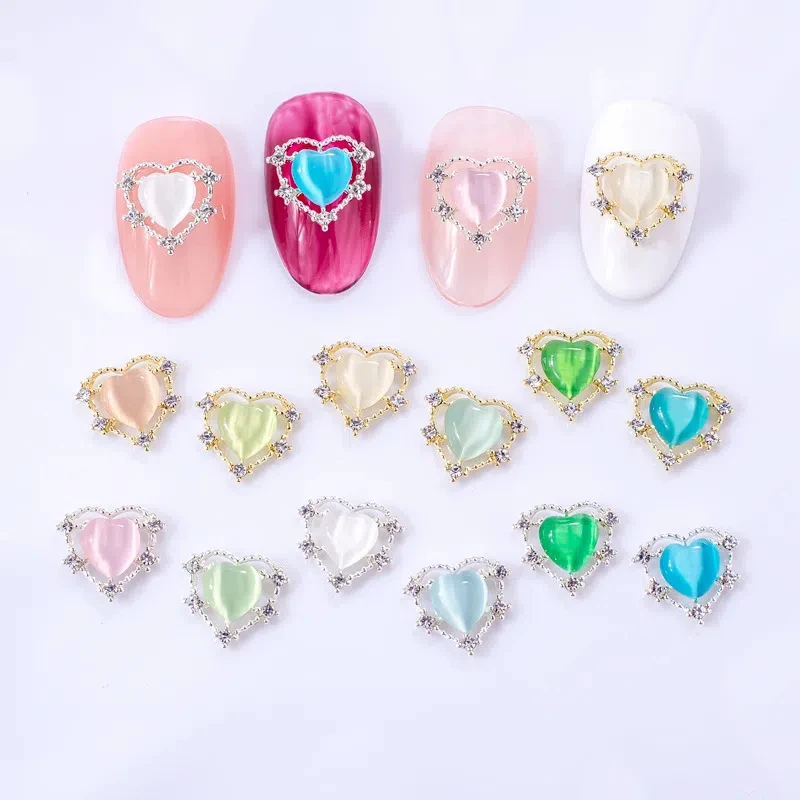 

Adorable Pink Alloy Nail Ornaments Cat's Eye Stone Embellished HeartShaped Hollow Nail Rhinestone Decorations Charms Manicure