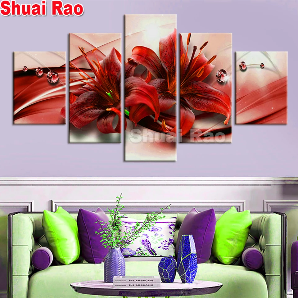 5 piece diamond Embroidery Red Lily Multi-Picture puzzle diamant Art 3d diamond painting full square Mosaic Drill 5d Flower,