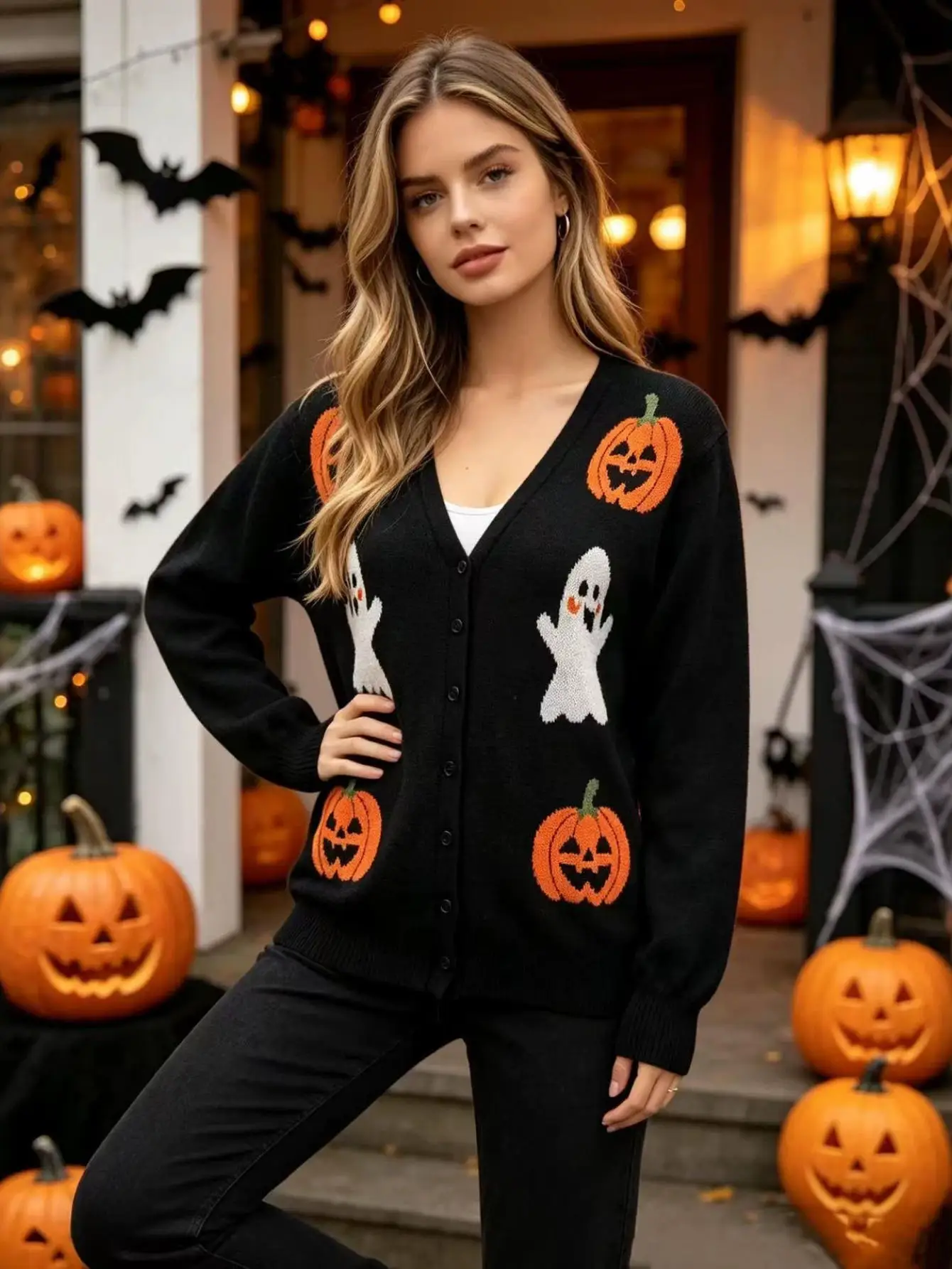 Women Halloween Pumpkin Sweater Cardigan Autumn Winter New V Neck Long Sleeve European American Style Knitwear