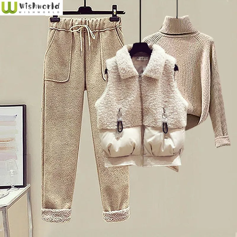 Autumn and Winter Women\'s Suit Lamb Wool Vest Thickened Cashmere Sweater High Waist Casual Woolen Trousers Three Piece Set