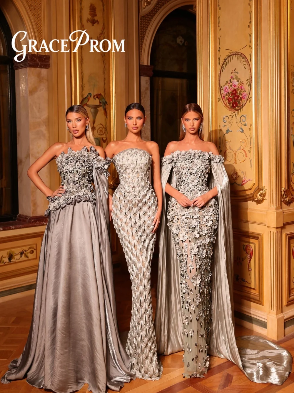 Exquisite 3D Floral Evening Dress 2026 Romantic Long Sleeve Carpet Gown Fashion Cape Floor Length Party Gown فساتين سهر