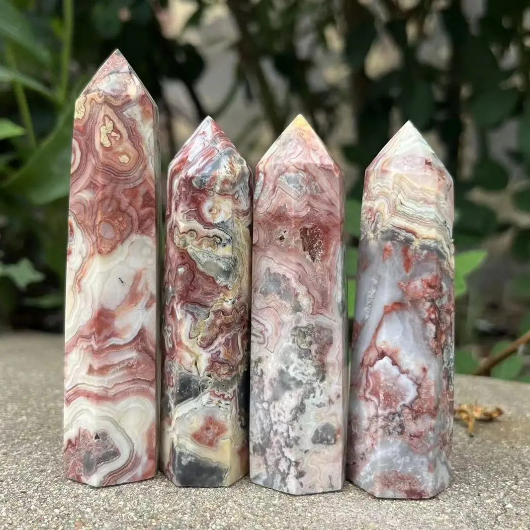 50-110mm Natural Crystals crazy agate Wands Healing Chakra Stones 6 Faceted Prism Agate Single Point Tower Home Decor