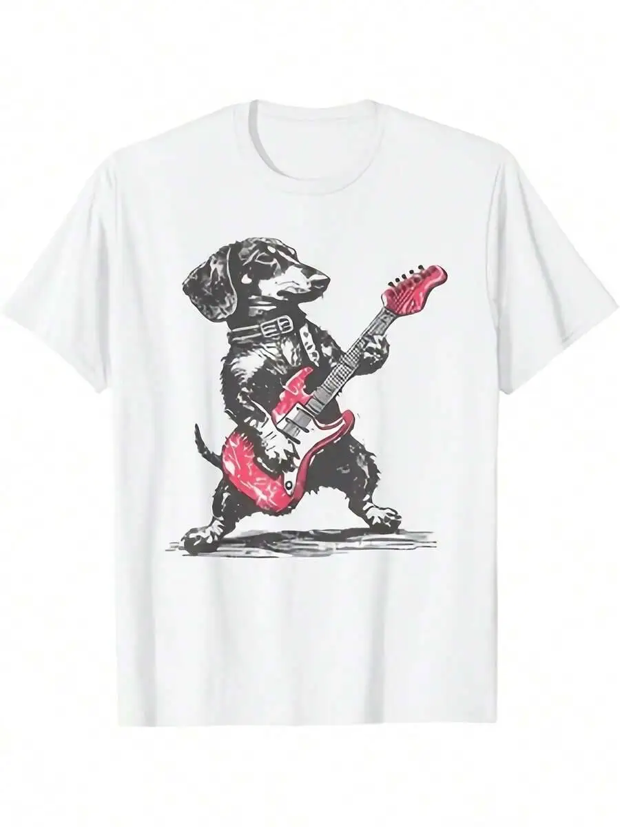 Dachshund Dog Playing Electric Guitar Music T-Shirt - Retro Cute Canine Rock Tee 100% Cotton Trendy Y2K Short-Sleeve Tee-Soft,