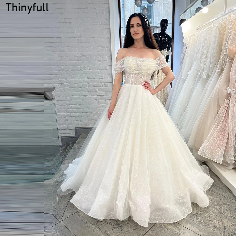 

Thinyfull Elegant White Wedding Dress A-Line Strapless Off Shoulder Bride Dress Tulle Shiny Bridal Gowns 2023 Vestidos De Novia