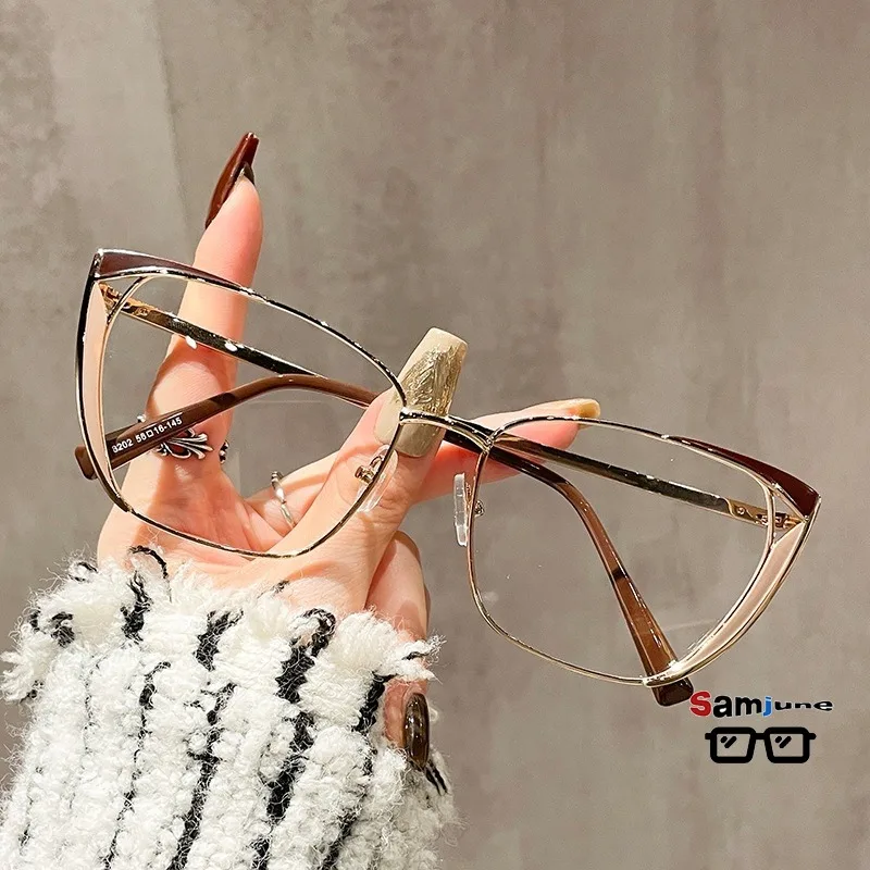Samjune Fashion Cat Eye Metal Glasses Frame Style Spring Hinge Computer Eyewear Anti Blue Light Glasses Women