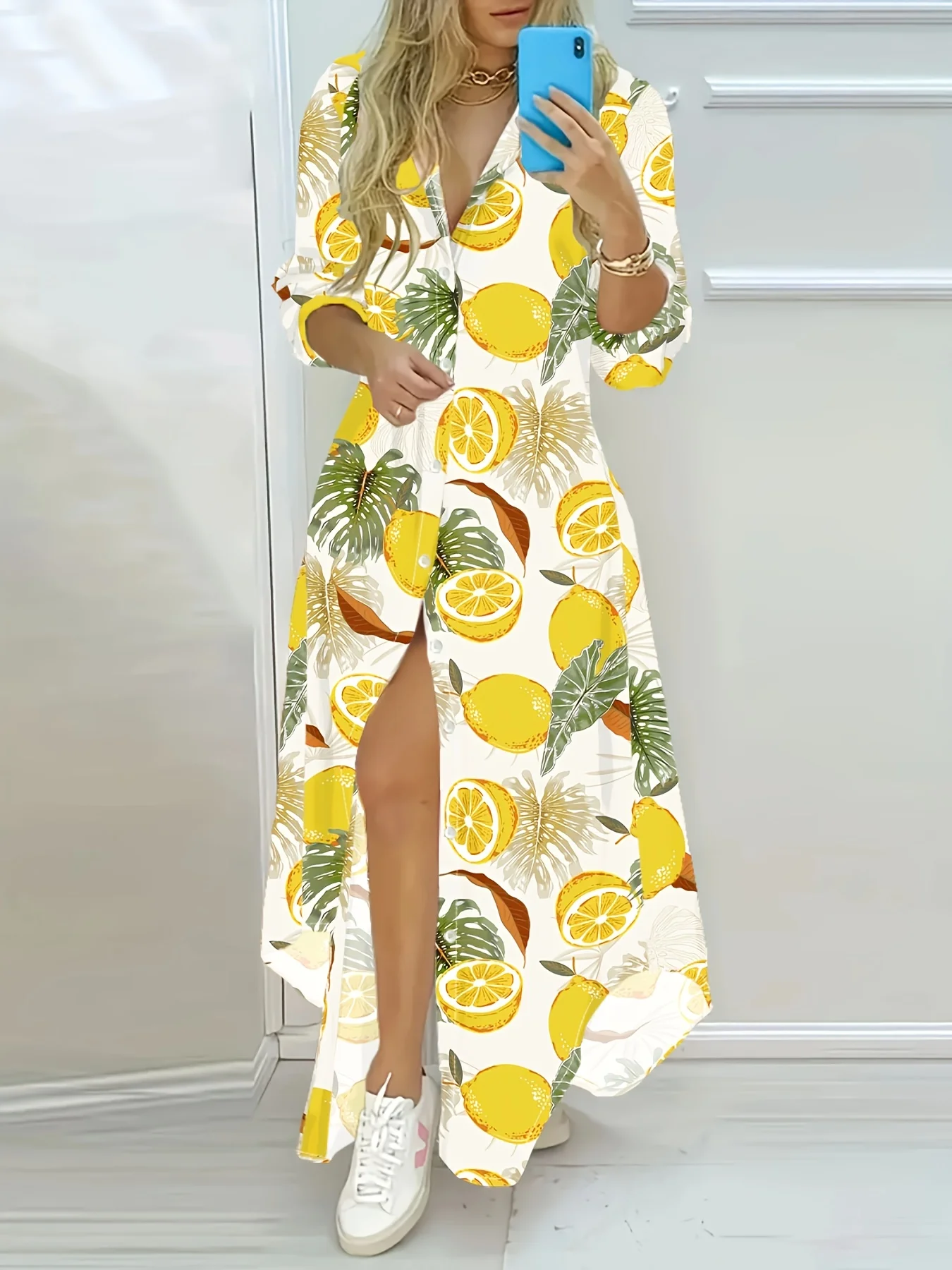 Zitronenmuster Langarm-Kleid Urlaubsstil Sommer Lässiges A-Linien Midikleid Damen Mode Trendiges Blumenmuster Leichtgewichtig