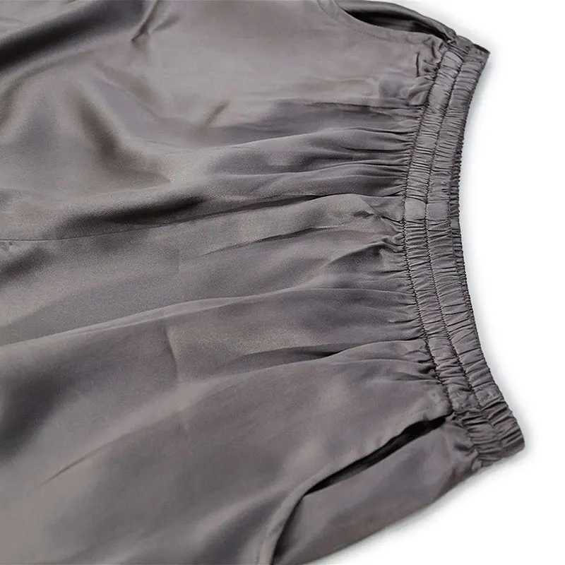 2025 Frauen Herbst Neue Schwere 100 % Natürliche Maulbeerseide Satin Tiefgrau Elastische Taille Tasche Design Beiläufige Gerade Hosen