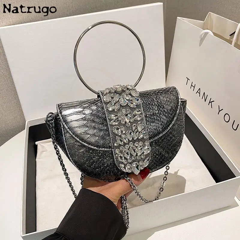 Diamond Half Round Evening Bag Women 2023 New Round Handle Rhinestone Dinner Clutch Purse Ladies Hand Bag Crossbody Bag