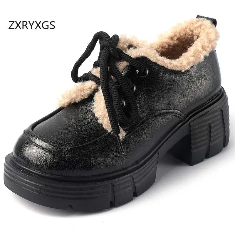 

ZXRYXGS 2025 New Top Cowhide Winter Genuine Leather Shoes Comfortable Warm Snow Shoes Thick Sole Non-slip Women High Heel Shoes