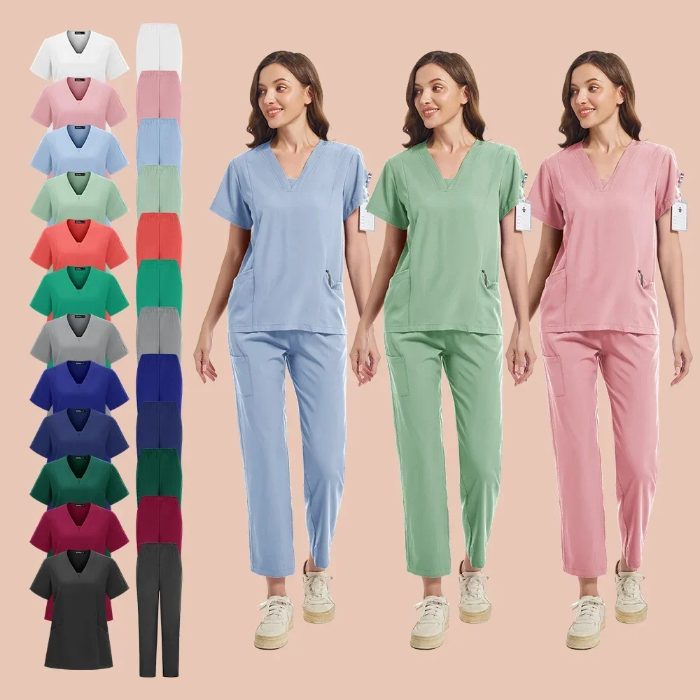 Uniformes médicaux pour femmes, livres de soins infirmiers, uniformes de SPA, ensembles de gIslande respirants, col en V solide, manches courtes, pantalons droits en Y