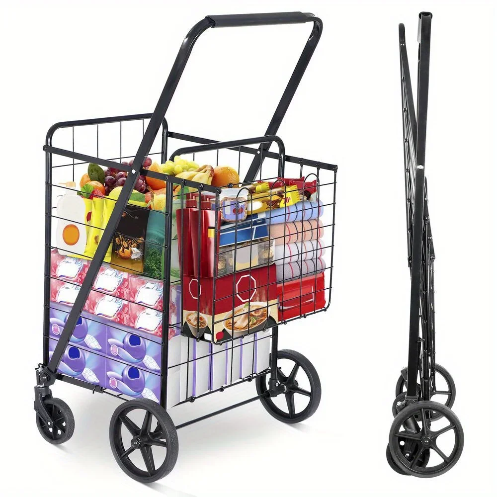 

Collapsible shopping cart with wheels Durable basket Practical trolley Market black