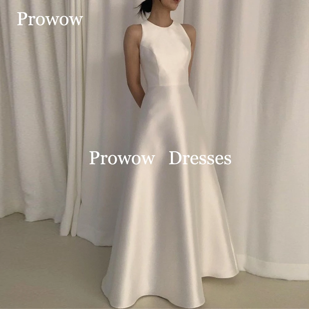 

Prowow Простые атласные свадебные платья без рукавов Корейская фотосессия Трапеция длиной до пола Свадебные платья Корсет с круглым вырезом по индивидуальному заказу
