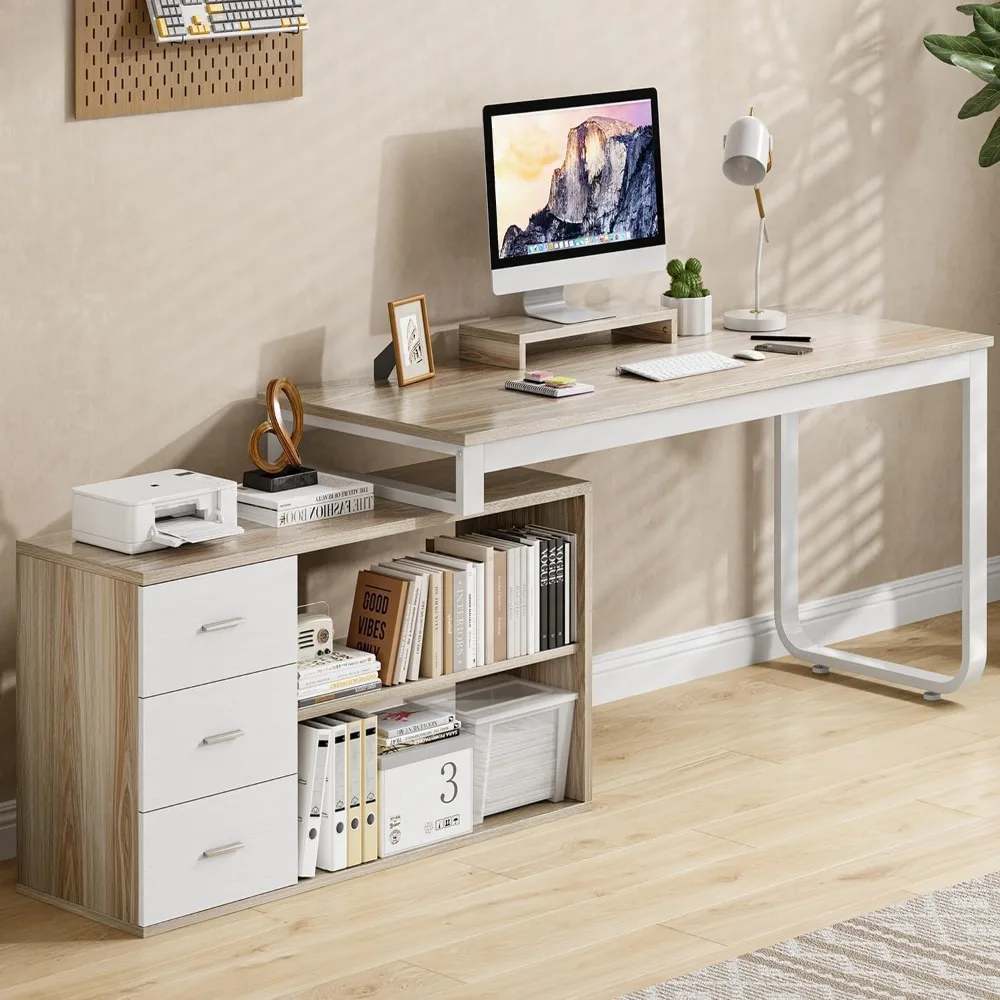 55 Inch Reversible L Shaped Computer Desk with 3 Drawers, Corner Desk with Storage Shelves and Removable Monitor Stand