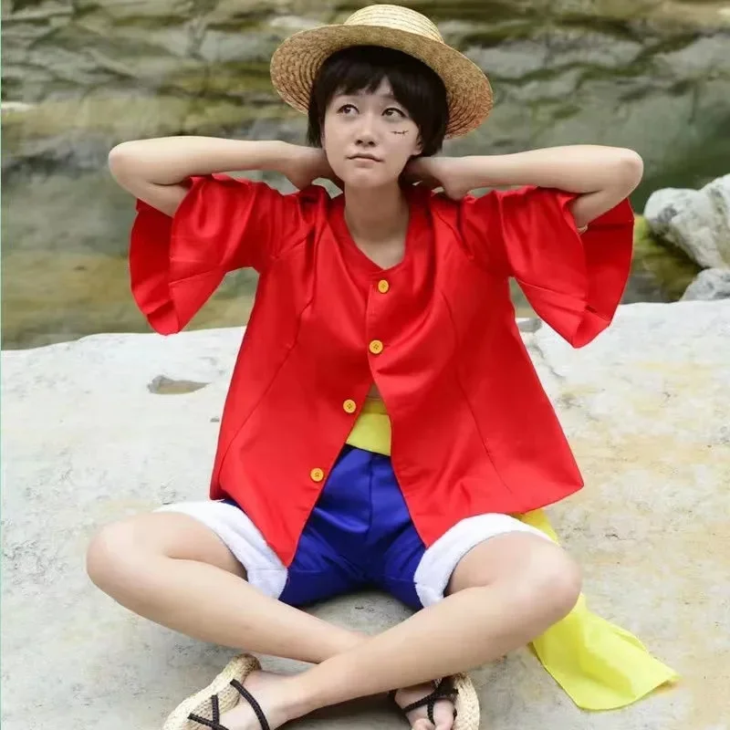 Anime Luffy Cosplay Costume Straw Hat Red Jacket Monkey D. Luffy Halloween Carnival Party Costumes for Men Women Adult Children