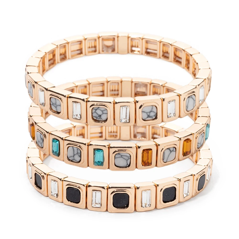 2024 New Fashion 8*8mm Alloy Elastic Bracelet for Women Gold Color Inlaid Rhinestone Bangle Natural Stone Women Jewelry Gift