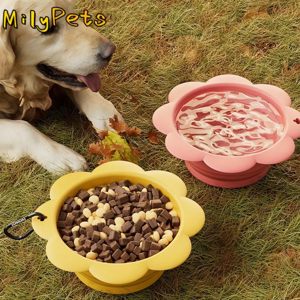 

BPA Free Collapsible Dog Bowl Portable with Carabiner Folding Silicone Dish Flower Shape Easy To Clean Food Water Feeding Tray